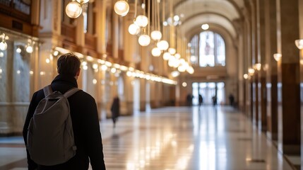 Aufkleber - A person with a backpack walks through a grand, light-filled hallway with high ceilings and ornate details, showcasing a sense of calm and quiet contemplation. : Generative AI