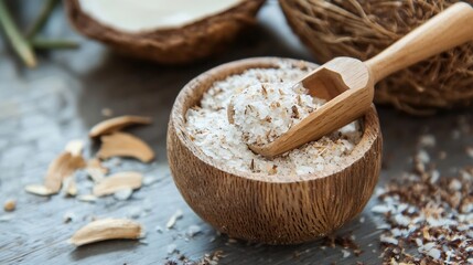 Aufkleber - Close-up of coconut flakes and salt mixture in a wooden bowl, with a wooden scoop, scattered flakes on a gray surface, and a blurred coconut in the background. : Generative AI