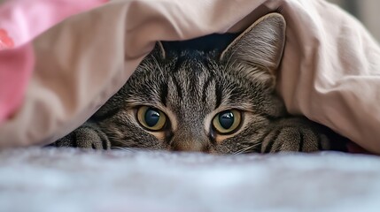 Aufkleber - A curious tabby cat peeks from under a soft, beige blanket, its bright yellow-green eyes gleaming with playful mischief.  The pink edge of another blanket is visible. : Generative AI