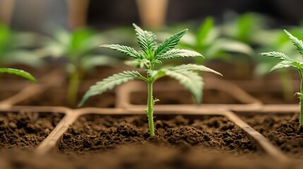 Aufkleber - A young cannabis plant seedling sprouts from rich dark soil in a cultivation tray, surrounded by other similar plants in a greenhouse setting. : Generative AI