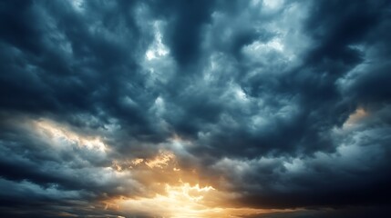 Poster - Dramatic storm cloudscape at sunset, showcasing a breathtaking contrast of dark, brooding clouds and a vibrant, golden light breaking through from below. : Generative AI