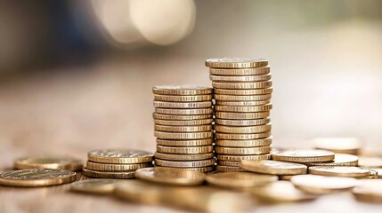 Poster - Two stacks of gold coins stand tall, symbolizing financial growth and wealth, surrounded by a scattering of additional coins on a wooden surface against a blurred background. : Generative AI