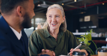 Aufkleber - Business people, happy and meeting with discussion for collaboration, communication and feedback. Strategy, teamwork and project management for conversation, review or advice with planning together