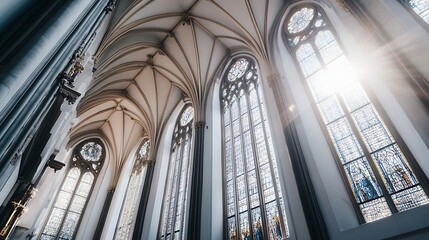 Poster - Sunlight streams through tall, arched stained-glass windows in a majestic church, illuminating the intricate ribbed vault ceiling and stone pillars. : Generative AI