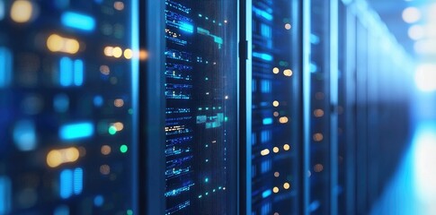 Poster - Close-up shot of glowing data servers inside secure cabinets in a modern data center, great for cybersecurity, network infrastructure, and tech service concepts