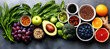 © sornram - An array of colorful fresh fruits, vegetables, and nuts arranged on a dark background, showcasing the beauty of healthy eating and nutrition.
