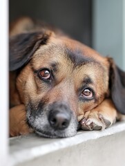 Poster - Close-up portrait of a brown and black dog resting its head on its paws, looking sadly out a window. : Generative AI