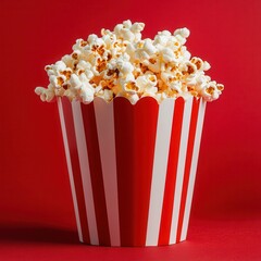 Poster - Popcorn overflowing from a red and white striped bucket, set against a vibrant red background. A classic snack that is ready to be enjoyed!
