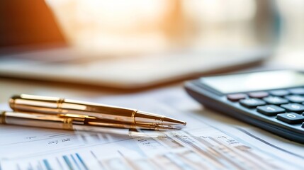 Fototapete - Two gold pens rest on financial documents near a calculator, suggesting business, finance, or accounting tasks.  The shallow depth of field emphasizes the pens and creates a profession : Generative AI