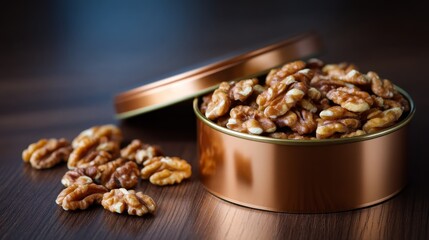 Poster - Close-up of walnut cookies arranged in a decorative copper tin on a polished wooden surface, featuring a soft glow and copy space for text