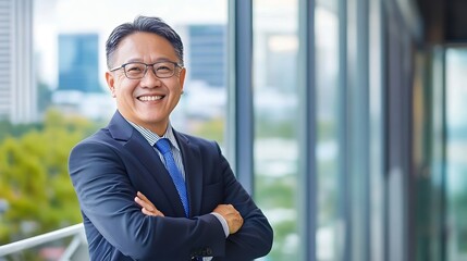 Aufkleber - Confident Asian businessman smiles, arms crossed, standing near a modern office window with a city view in the background. : Generative AI