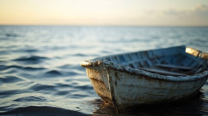Aufkleber - A weathered, white rowboat rests gently in calm ocean water at sunset, the golden light reflecting on the water's surface. : Generative AI