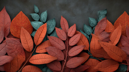 Poster - Close-up of red and teal leaves with textured surface, arranged symmetrically against a dark gray background, creating an autumnal or seasonal design, ideal for fall-themed projects