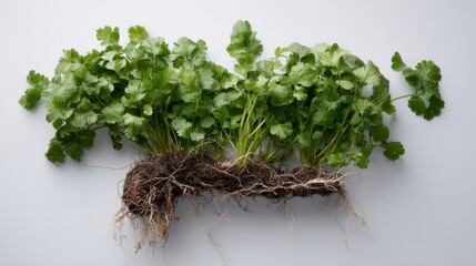 Poster - Fresh cilantro with roots is artistically displayed on a matte white surface, emphasizing its vibrant green leaves and earthy texture, perfect for cooking