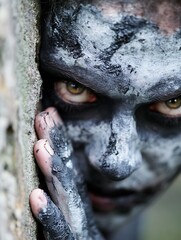 Poster - Close-up portrait of a person with grey and black paint on their face and hands, peering from behind a tree trunk, creating a mysterious and intense mood. : Generative AI