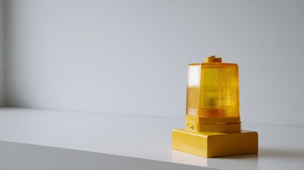 Poster - This vibrant yellow beacon light emits a soft LED glow while resting on a clean white base, captured in soft studio lighting to enhance its features