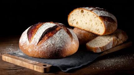 Poster - Artisan bread loaf with deep score marks, sliced open to show its soft interior, resting on a weathered oak board—ideal for rustic culinary displays