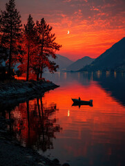 Aufkleber - Serene sunset over a calm lake, a lone boatman silhouetted against the fiery sky, crescent moon adding to the magical ambiance.  Trees reflected in the still water.