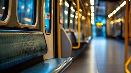 Poster - Empty train carriage interior, showcasing teal patterned seats and yellow handrails, with blurred background of windows and lights. : Generative AI