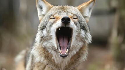 Poster - Close-up portrait of a coyote yawning, showcasing its sharp teeth and textured fur against a blurred forest background. The image captures the wild animal's raw beauty and natural expr : Generative AI