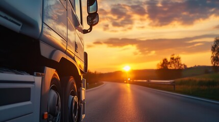 Aufkleber - Semi-truck driving on highway at sunset, side view, close-up of cab, golden hour light reflecting on truck body, asphalt road, rural landscape : Generative AI