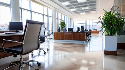 Poster - Modern office interior with large windows, sleek desks, and comfortable ergonomic chairs, showcasing a bright and spacious workspace. : Generative AI