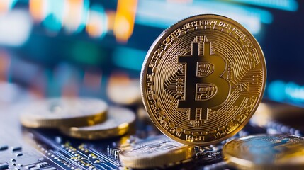 Leinwandbilder - Close-up of a golden bitcoin cryptocurrency coin standing on a circuit board, with a blurred background showing a digital currency exchange chart. : Generative AI
