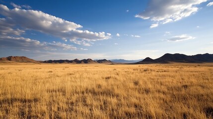 Poster - Vast golden grassland under a partly cloudy blue sky, stretching towards distant mountains under the afternoon sun.  A serene landscape photo of a seemingly endless prairie. : Generative AI