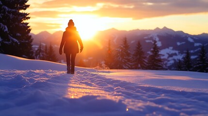Aufkleber - Silhouette of a woman walking on a snowy path during a vibrant sunset in the mountains, the sun glowing behind her. : Generative AI