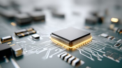 Aufkleber - An intricate circuit board glows with blue and yellow components, showcasing tech details and space for extra text or design elements