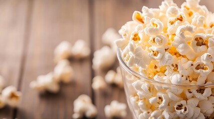 Aufkleber - A glass bowl filled with fluffy popcorn kernels sits on a rustic wooden table, surrounded by scattered popcorn pieces. : Generative AI