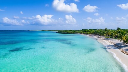 Poster - Stunning aerial view of a pristine tropical beach with turquoise water, palm trees, and a clear blue sky.  The white sand beach gently slopes into the crystal-clear ocean, creating a p : Generative AI