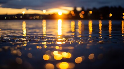 Poster - Golden sunset reflections shimmering on calm water surface, creating a mesmerizing bokeh effect with city lights in the background. : Generative AI