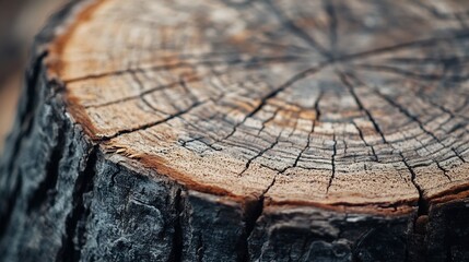 Leinwandbilder - Close-up view of a weathered tree stump, showcasing intricate cracks and textures in the wood grain.  The colors range from dark grey bark to light beige and reddish-brown heartwood. : Generative AI