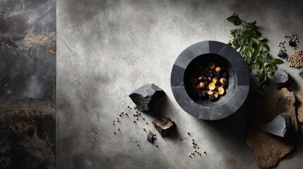 Poster - Rustic stone mortar is filled with an array of crushed herbs and aromatic spices, with scattered grains and small stones enhancing the natural setting