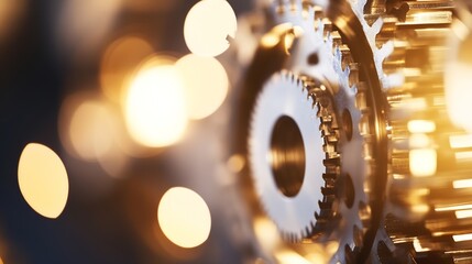 Aufkleber - Close-up view of intricate metal gears, illuminated by warm, blurred bokeh lights, suggesting industrial machinery or complex technology. : Generative AI