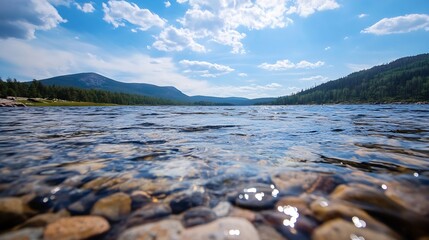 Poster - Serene mountain lake scene with crystal clear water, smooth surface reflecting sunlight, and rocky shoreline.  Coniferous forest borders the tranquil water under a bright blue sky with : Generative AI