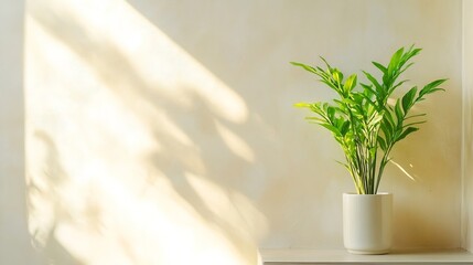 Aufkleber - A vibrant green parlor palm plant in a sleek white pot, bathed in warm sunlight against a textured beige wall, creating a serene and minimalist indoor scene. : Generative AI