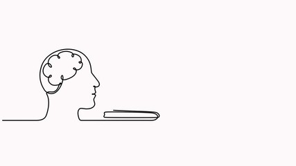 Poster - Head with open book and lightbulb continuous line drawing animation. Creative idea process concept video. Animated brainstorm symbol.