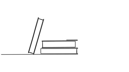 Poster - Stack of books with coffee cup continuous one line art drawing animation. Reading time concept animated video.