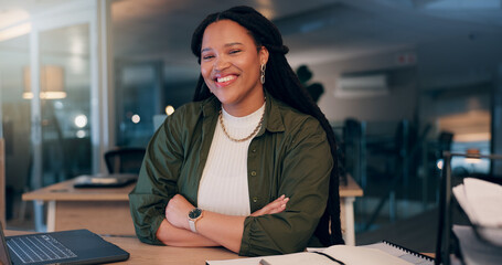 Aufkleber - Smile, night and business with black woman in office with laptop for budget research, financial records and overtime. Review deadline, asset management and portrait of person in agency for audit