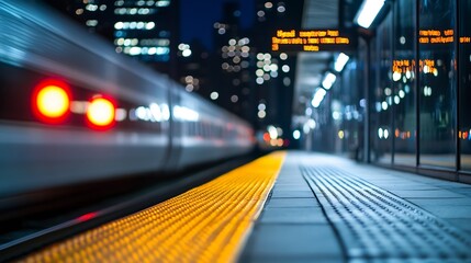 Poster - Blurred train speeding past a modern city station platform at night, showcasing vibrant yellow tactile paving and cool-toned platform tiles. : Generative AI