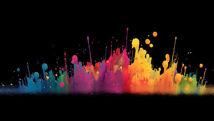 Leinwandbilder - Vibrant rainbow paint splash explosion against a black background, creating a dynamic and colorful artwork with various shades and textures of color.