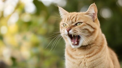Aufkleber - A ginger cat with its mouth open, showing teeth, sits outdoors against a blurred green background.  The cat's fur is light orange, and its expression is fierce. : Generative AI