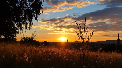 Aufkleber - Golden sunset over a field of tall grass, silhouetting a distant town with a church steeple, the sun's rays casting a warm glow across the landscape. : Generative AI