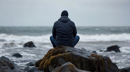 Aufkleber - A lone man sits on a rock, facing a turbulent sea, under a brooding sky.  The waves crash against the shore, creating a dramatic scene of solitude and contemplation. : Generative AI