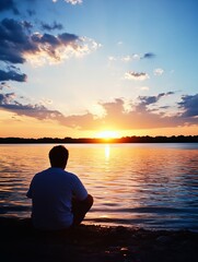 Poster - Silhouette of a man sitting by a lake, watching a vibrant sunset with orange, pink, and purple hues in the sky and reflected on the water's surface. : Generative AI