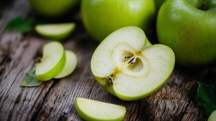 Aufkleber - Close-up of a halved green apple on rustic wooden surface, surrounded by apple slices and leaves, showcasing its juicy texture and vibrant color. : Generative AI