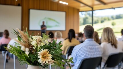 Poster - A floral arrangement sits in the foreground of a business presentation, with attendees seated and a speaker visible on a screen. : Generative AI