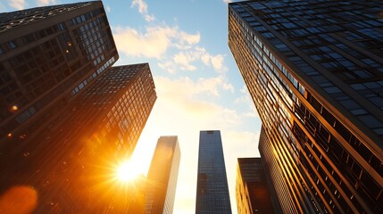 Poster - Golden hour sunlight illuminates skyscrapers, casting warm hues on modern architecture in a vibrant cityscape.  The buildings reach towards a partly cloudy sky, creating a dramatic urb : Generative AI